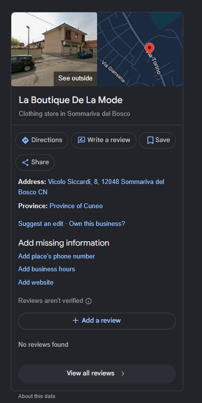 Il vecchio profilo Google Business, ancora intestato alla sede precedente e senza recensioni