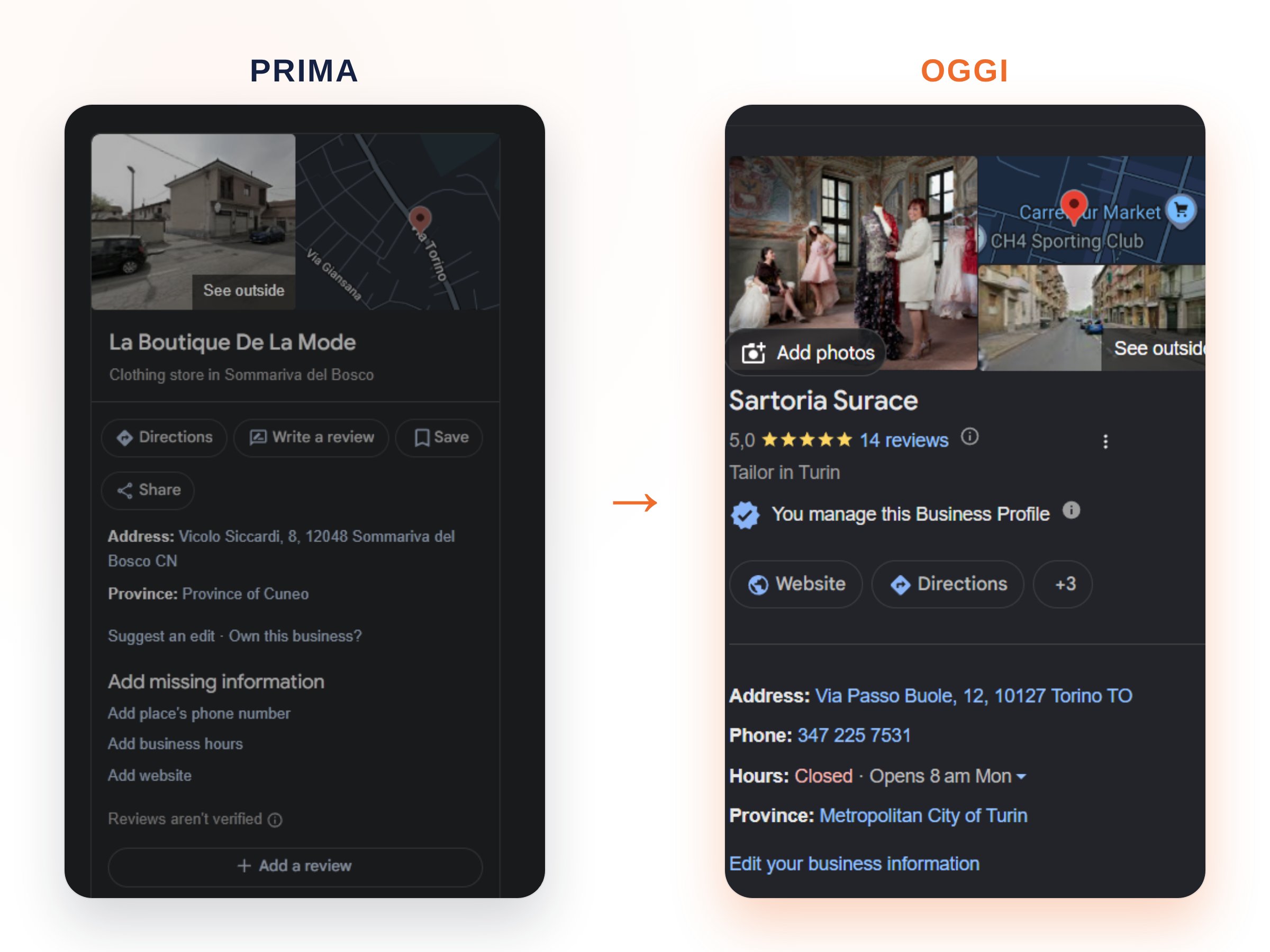 Confronto prima e dopo della scheda Google Business Profile di Sartoria Surace, ottimizzata da Varvella Marketing